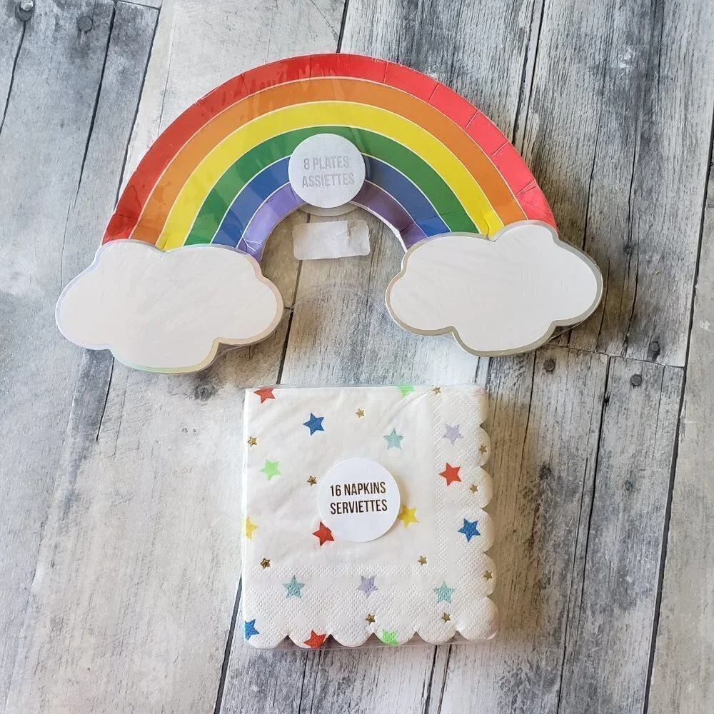 NWT - Meri Meri Rainbow, Star and Cloud Paper Plates (8) and Napkins (16)
